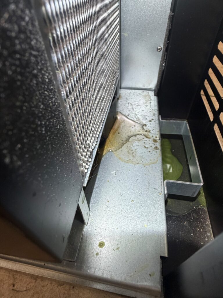 A closer look at the evaporator and drain pan area where excess condensate was collecting.