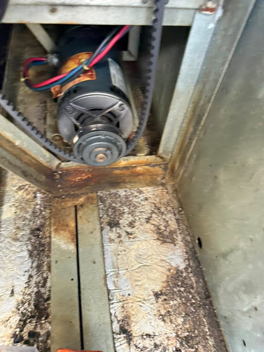 A wider view of the blower motor and belt inside the rooftop unit compartment.