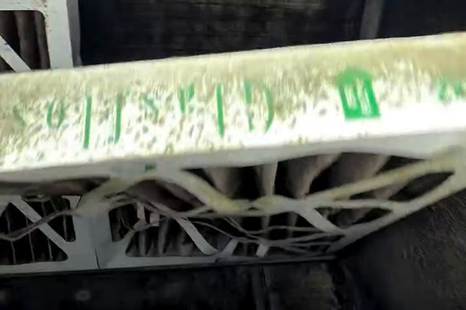 A badly clogged pleated filter pulled from the rooftop unit.